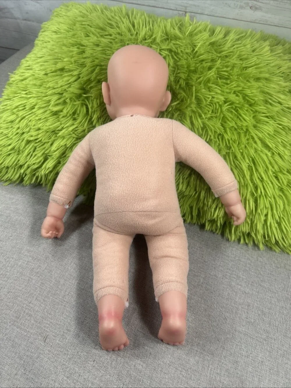 17” Baby Doll Open Brown Glass Eyes Cloth Body Realistic Nails Bunny Jump suit
